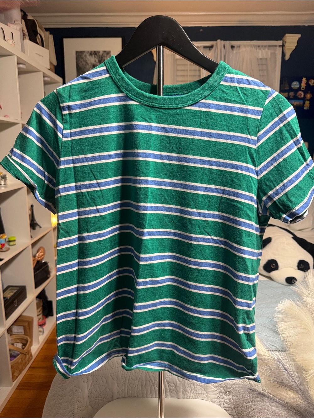Old Navy Green Striped Short Sleeve Tee with Blue and White Accents